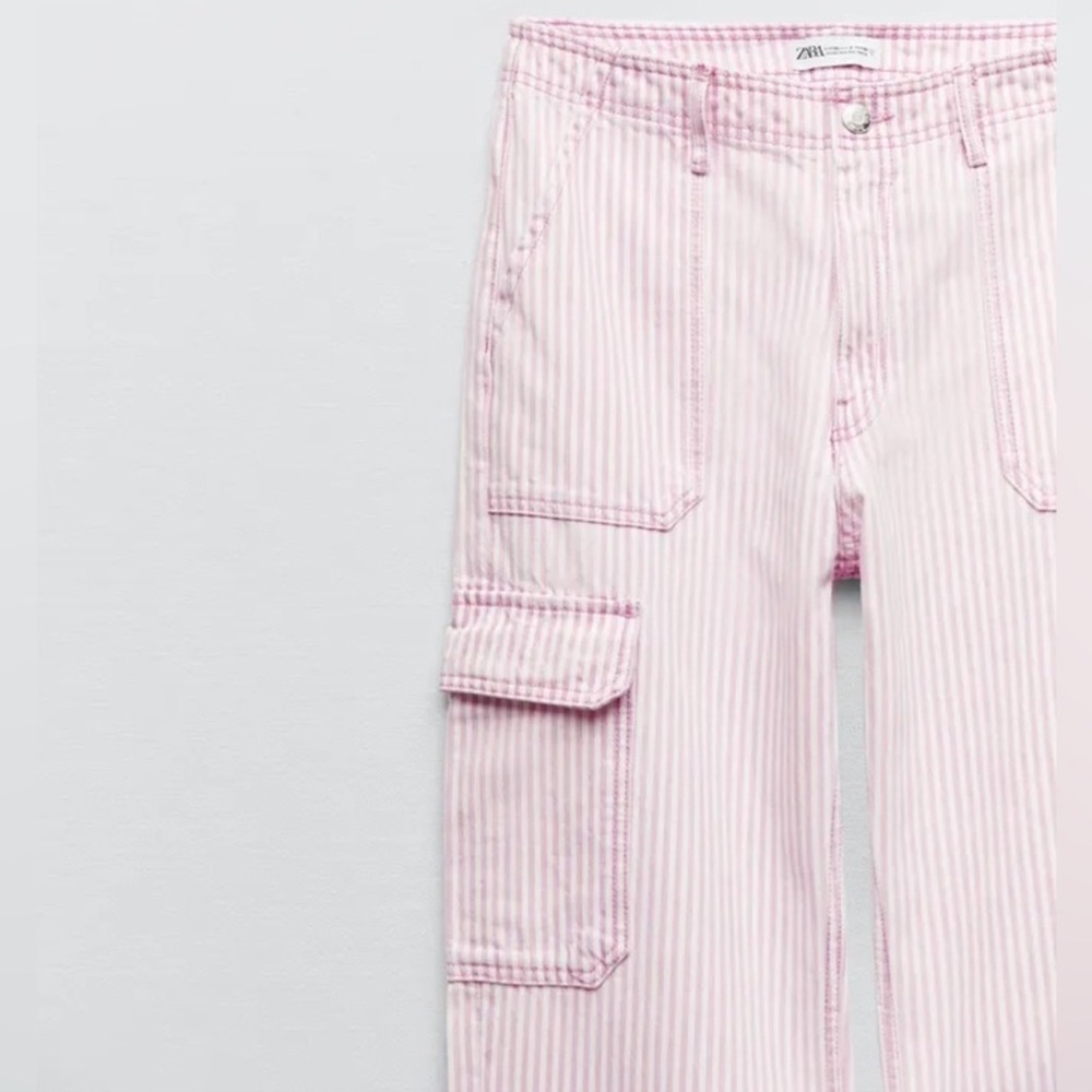 Zara Pink and White Striped Cargo Jeans